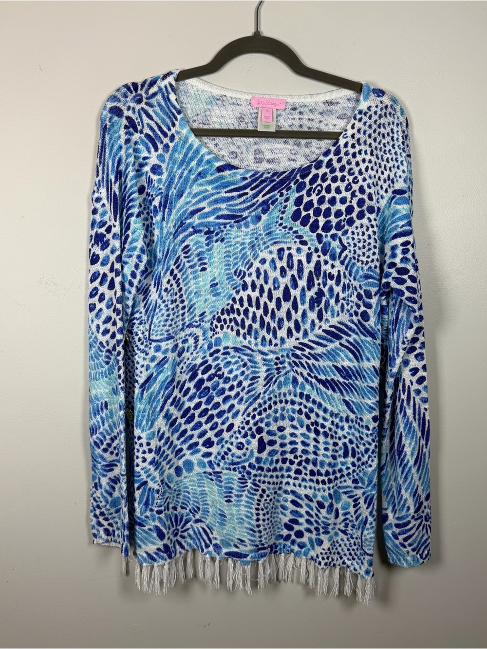 Lilly Pulitzer Ramona Sweater Blue Tang Gang Fish Fringe Viscose Coastal Medium